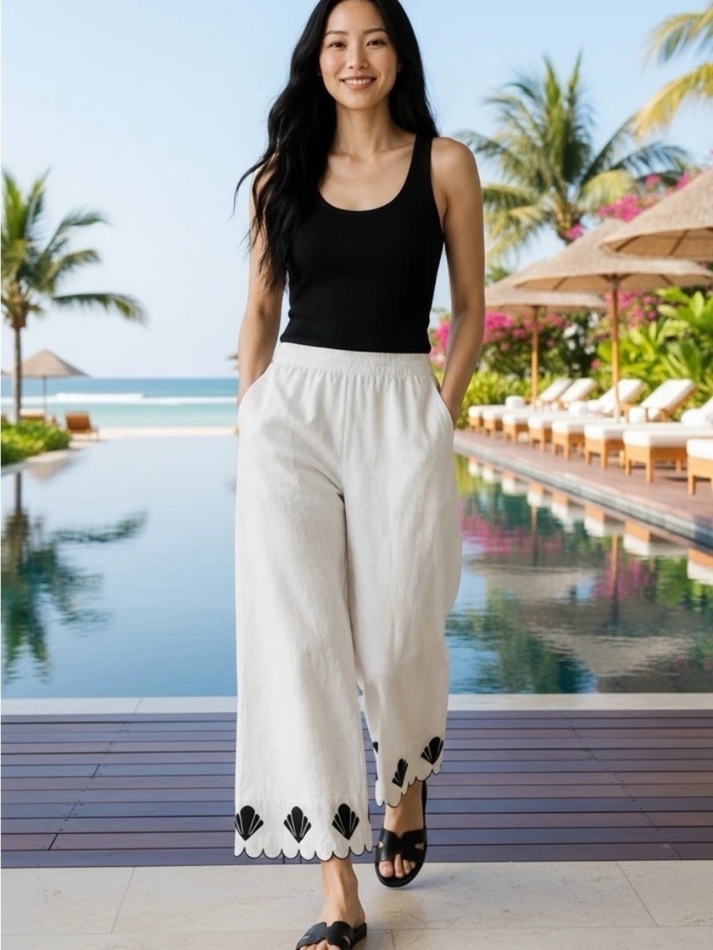 Calypso St. Barth White Wide-Leg Pants with Black Embroidered Hem
